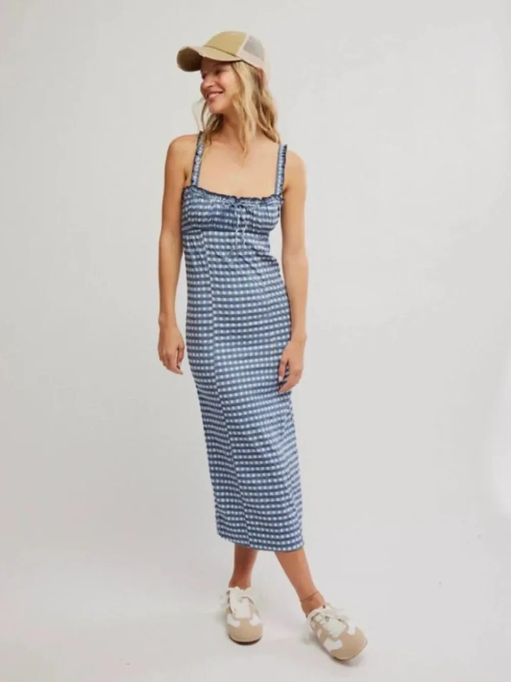 Free People Lucinda Plaid Midi Dress Square Neck Fitted Ruffle L - Picture 3 of 3